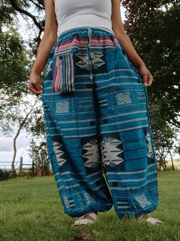 Blue Turquoise Cotton Thailand Harem Poofy Pants Hippy Boho Mens Womens Trousers