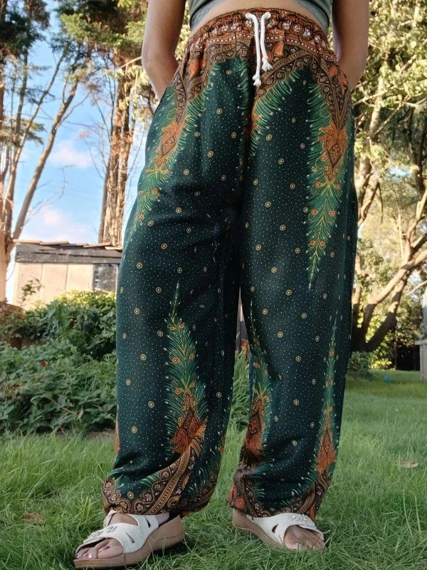Dark Green Boho Feathers Print Harem Hippie Baggy Pants Yoga Festival Trousers