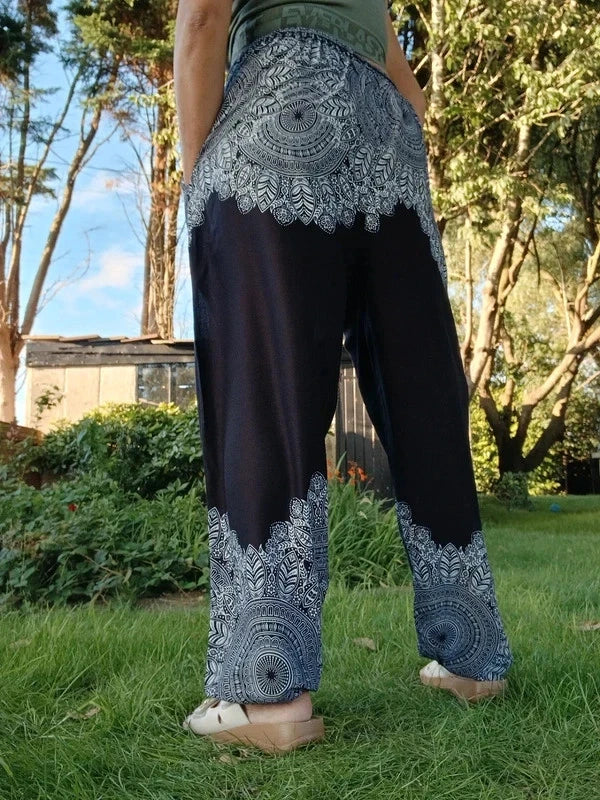 Black Bohemian Flower Printed Hippie Floral Harem Baggy Pants Yoga Trousers