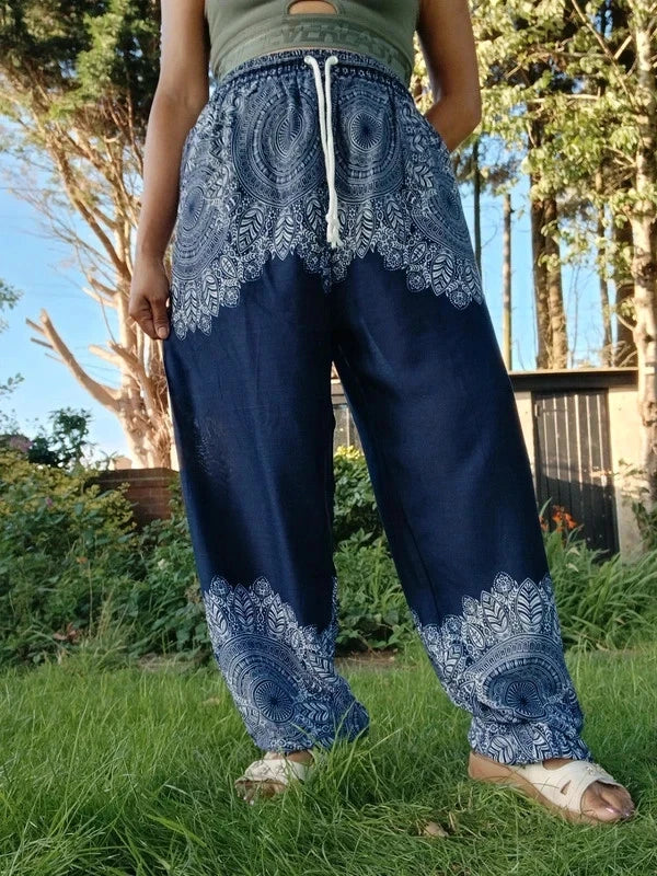 Navy Blue Bohemian Flower Printed Hippie Floral Harem Baggy Pants Yoga Trousers