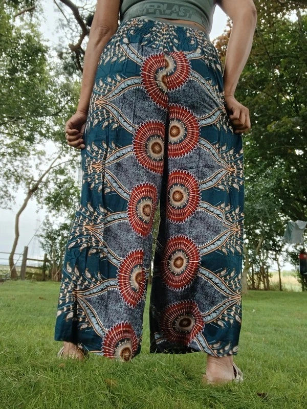 Dark Green Bohemian Feathers Printed Hippie Harem Pants Trousers