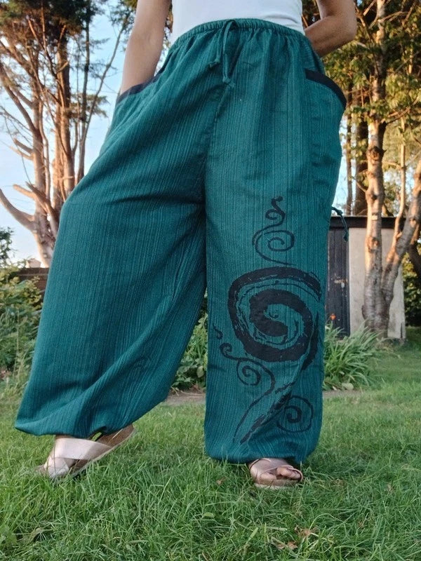 Dark Green Harem Pants Hippy Wide Leg Poofy Summer Travel Trousers Size S M L XL