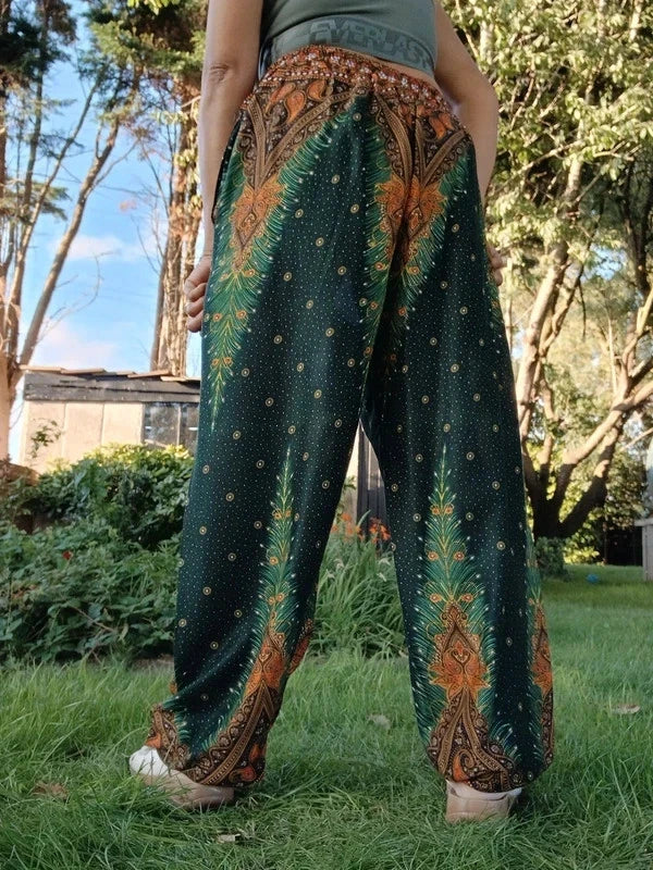 Dark Green Boho Feathers Print Harem Hippie Baggy Pants Yoga Festival Trousers