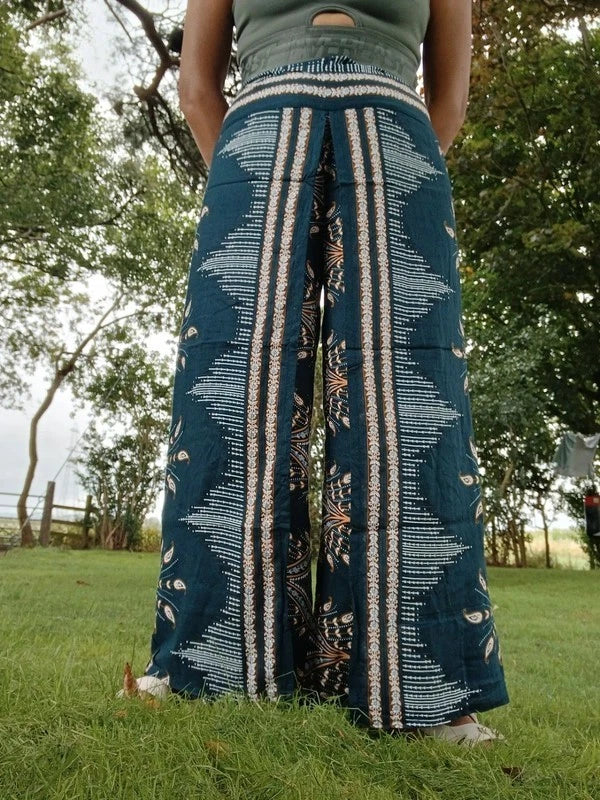 Dark Green Bohemian Feathers Printed Hippie Harem Pants Trousers