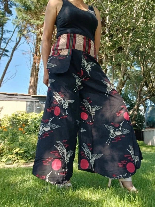 Red Sun Japan Bird Naka Palazzo Wide Leg Harem Pants Hippie Yoga Boho Trousers