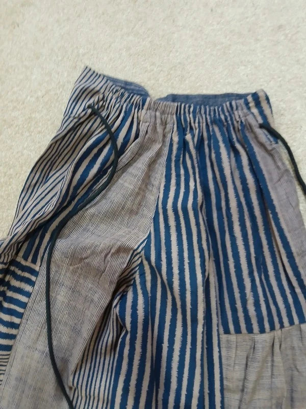 Beige Navy Patch Striped Palazzo Hippie Wide Leg Trousers Boho Harem Baggy Pants