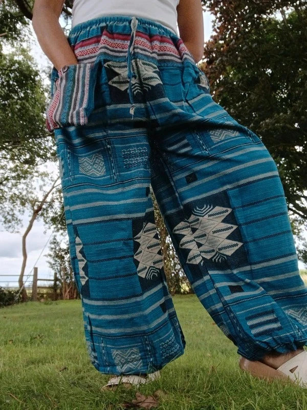 Blue Turquoise Cotton Thailand Harem Poofy Pants Hippy Boho Mens Womens Trousers