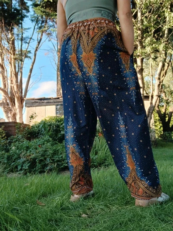 Navy Blue Brown Gold Harem Hippie Pants Wide Leg Peacock Feather Print Trousers
