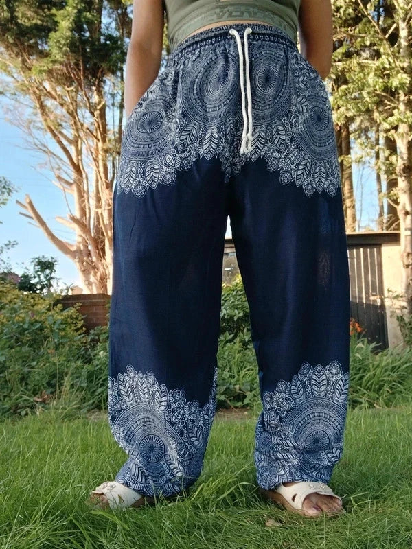 Navy Blue Bohemian Flower Printed Hippie Floral Harem Baggy Pants Yoga Trousers