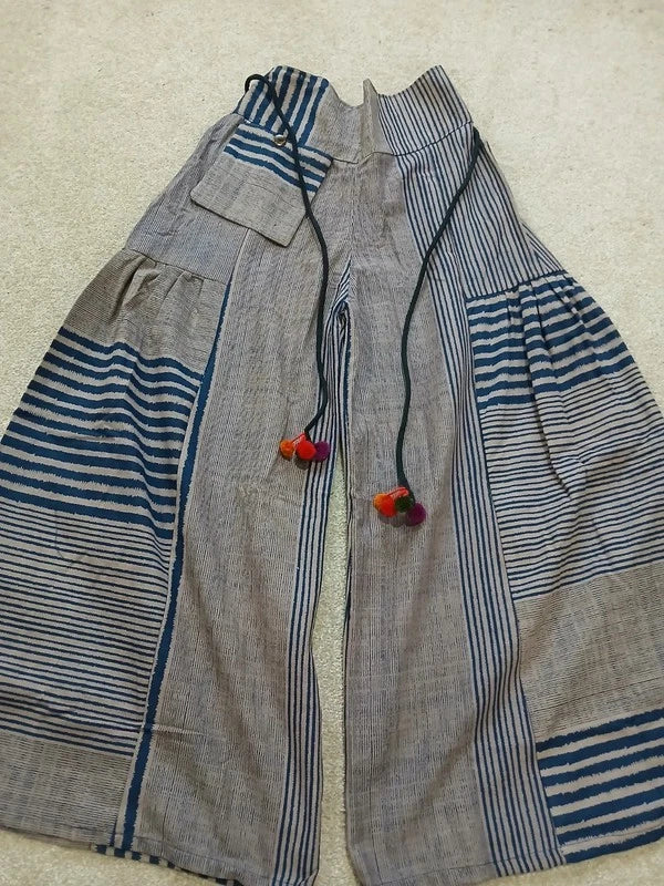 Beige Navy Patch Striped Palazzo Hippie Wide Leg Trousers Boho Harem Baggy Pants