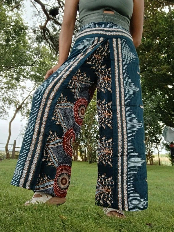 Dark Green Bohemian Feathers Printed Hippie Harem Pants Trousers