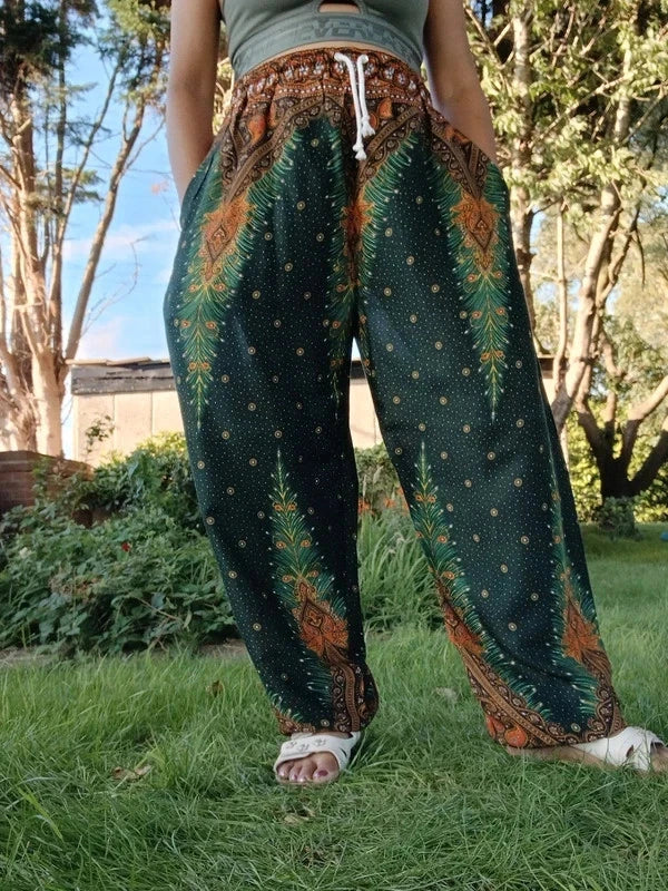 Dark Green Boho Feathers Print Harem Hippie Baggy Pants Yoga Festival Trousers