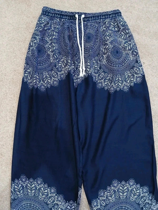 Navy Blue Bohemian Flower Printed Hippie Floral Harem Baggy Pants Yoga Trousers