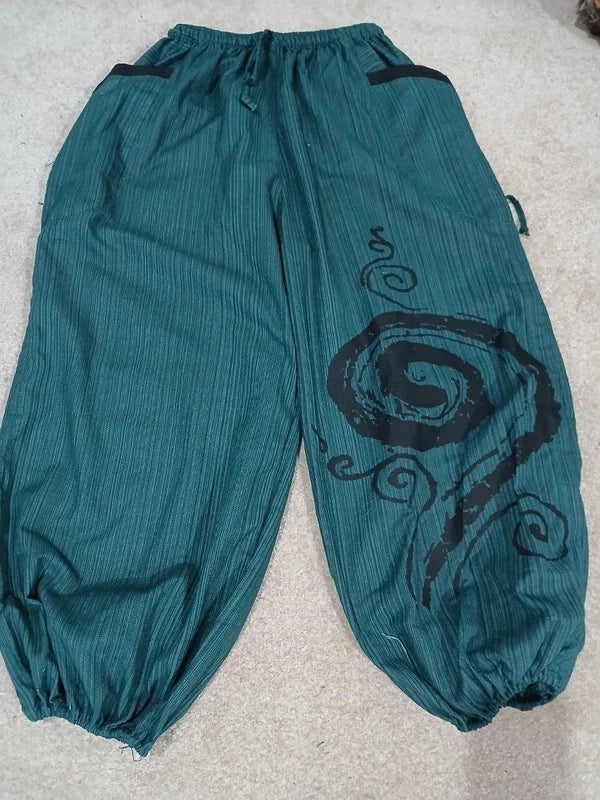 Dark Green Harem Pants Hippy Wide Leg Poofy Summer Travel Trousers Size S M L XL