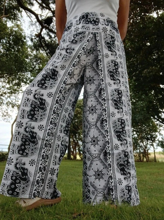 Black White Thai Elephant Hippie Harem Boho Pants Wrap Around Festival Trousers