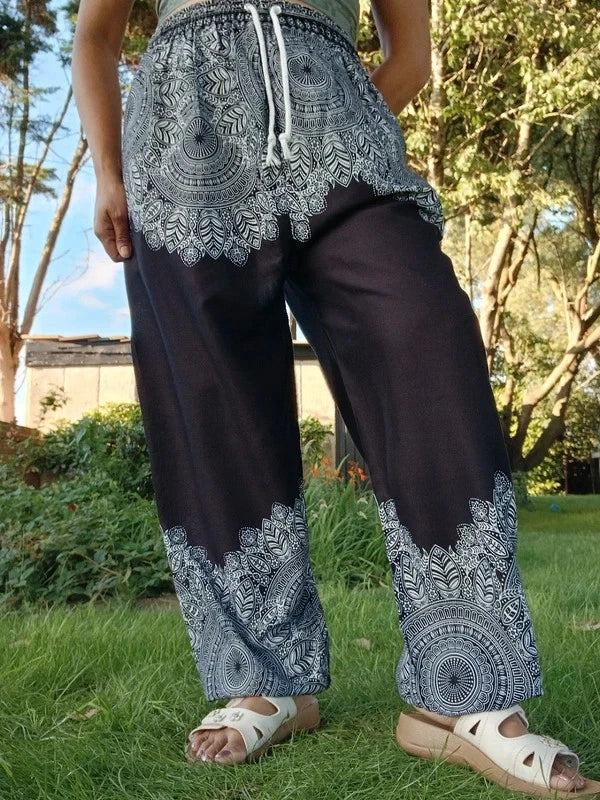 Black Bohemian Flower Printed Hippie Floral Harem Baggy Pants Yoga Trousers