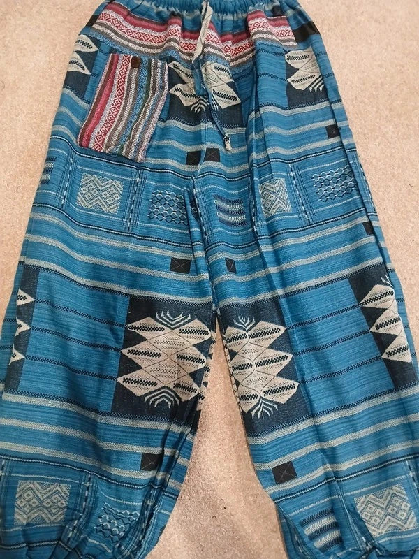 Blue Turquoise Cotton Thailand Harem Poofy Pants Hippy Boho Mens Womens Trousers
