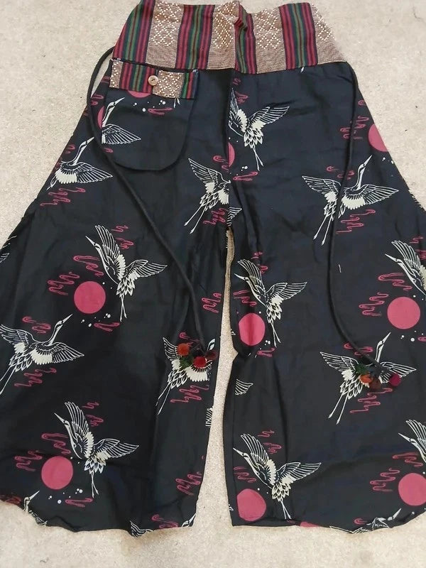 Red Sun Japan Bird Naka Palazzo Wide Leg Harem Pants Hippie Yoga Boho Trousers