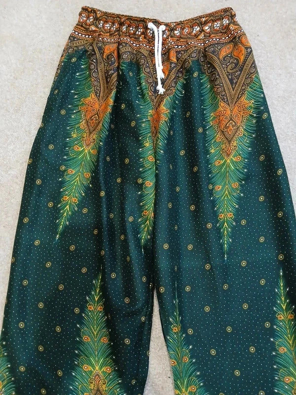 Dark Green Boho Feathers Print Harem Hippie Baggy Pants Yoga Festival Trousers