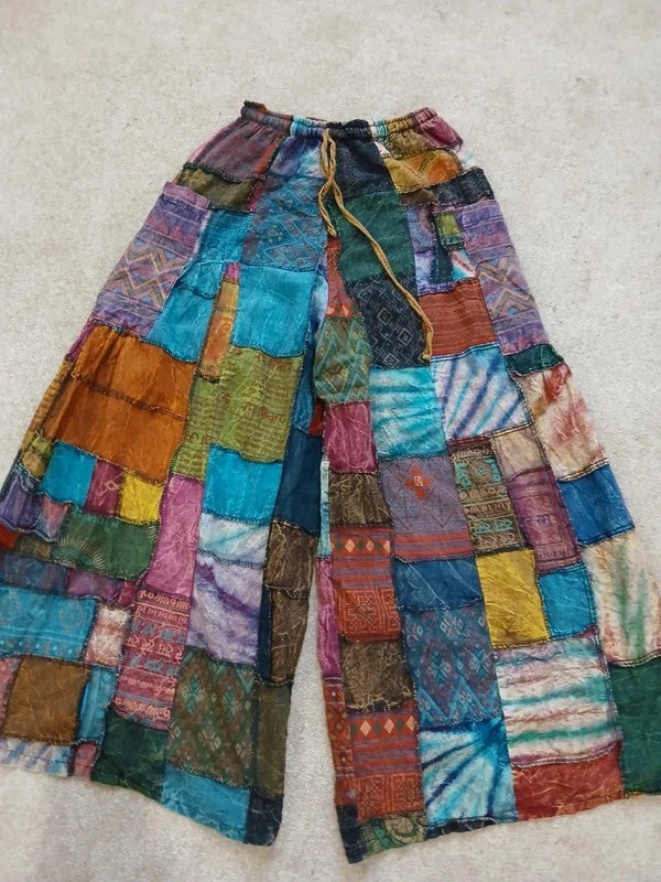 Tie Dye Patchwork Bohemian Hippie Harem Pants Wide Leg Trousers Womens or Mens