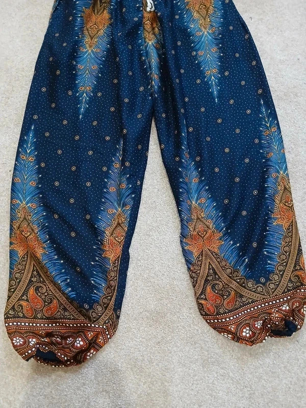 Navy Blue Brown Gold Harem Hippie Pants Wide Leg Peacock Feather Print Trousers