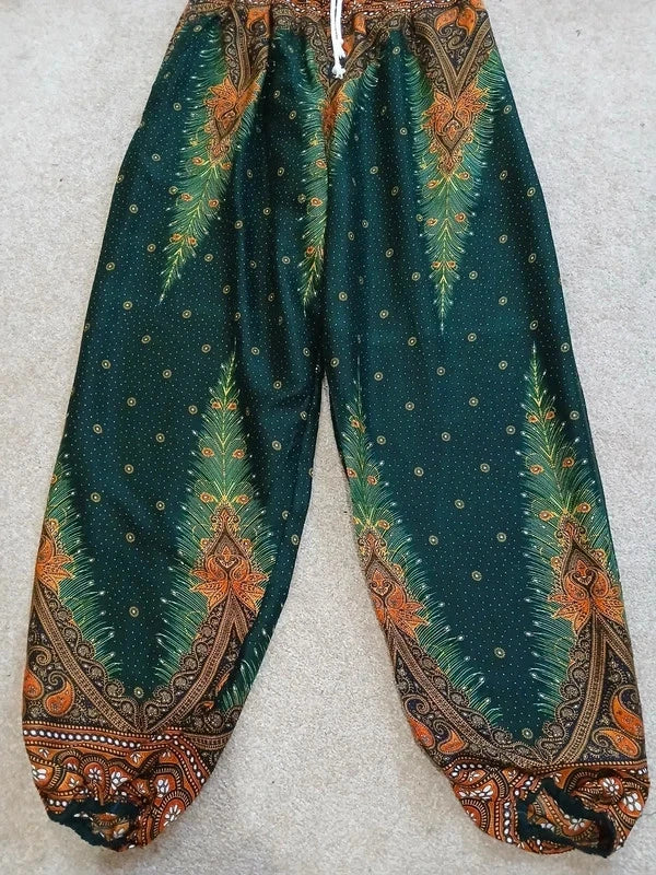 Dark Green Boho Feathers Print Harem Hippie Baggy Pants Yoga Festival Trousers