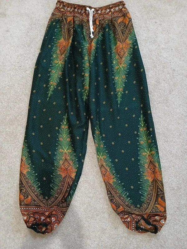 Dark Green Boho Feathers Print Harem Hippie Baggy Pants Yoga Festival Trousers