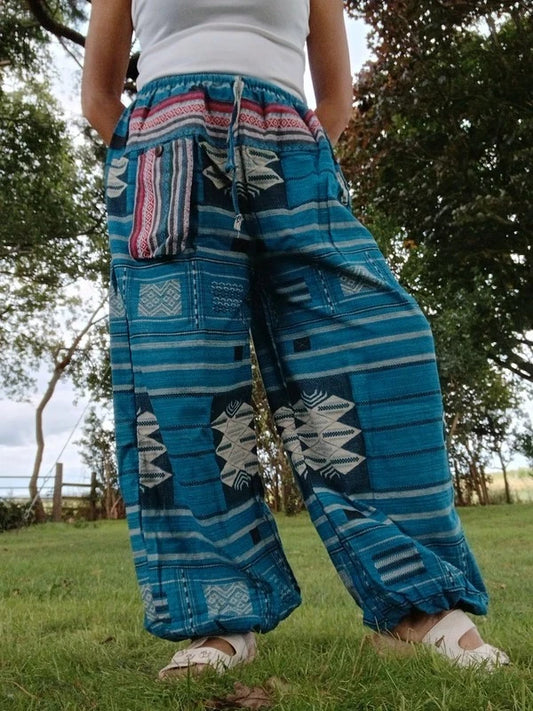 Blue Turquoise Cotton Thailand Harem Poofy Pants Hippy Boho Mens Womens Trousers