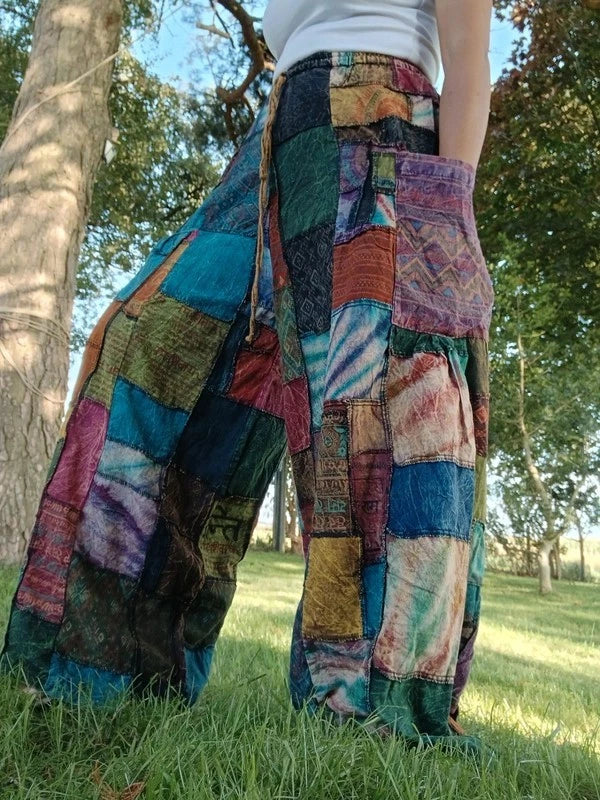 Tie Dye Patchwork Bohemian Hippie Harem Pants Wide Leg Trousers Womens or Mens