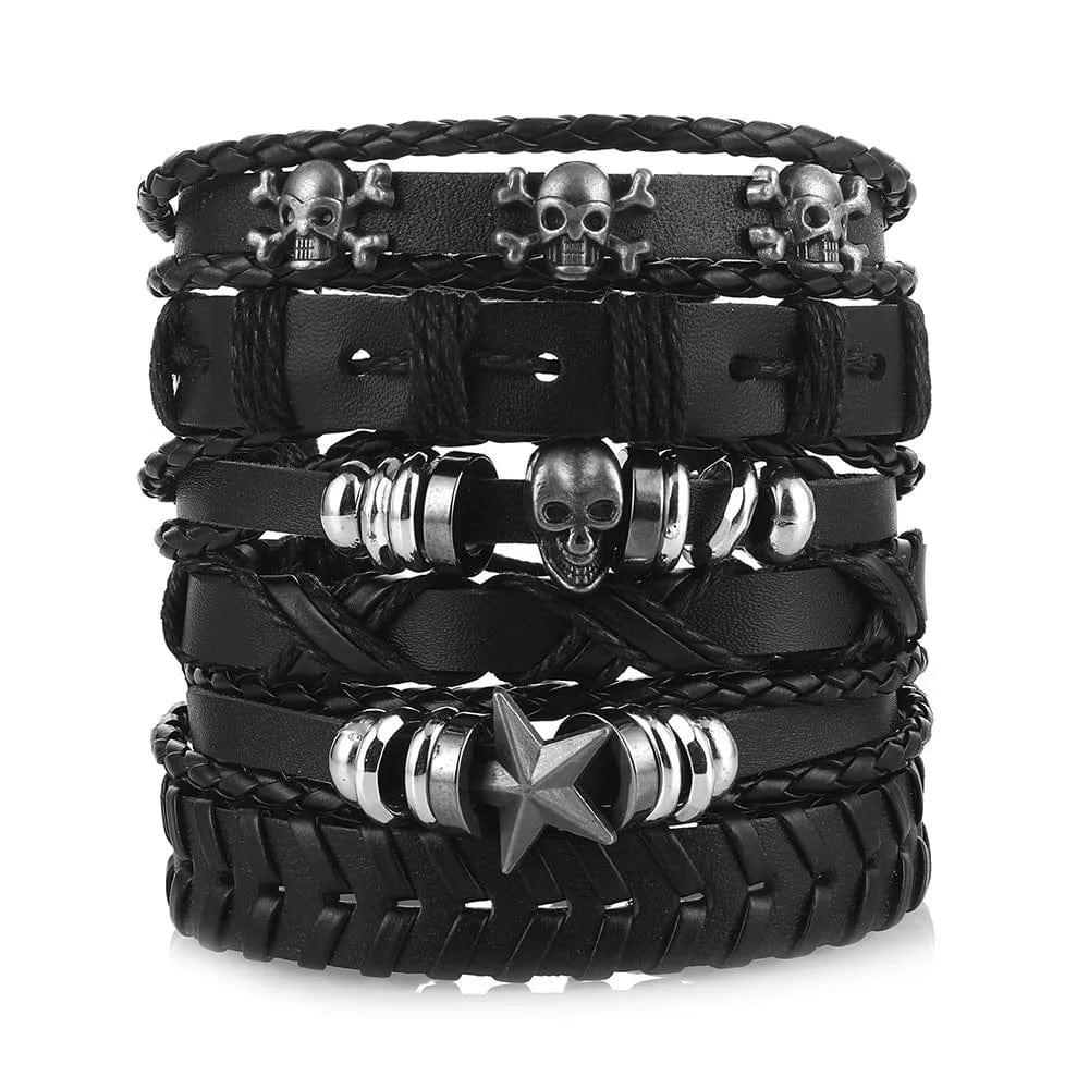 Set of Viking Style Fashion Bracelets for Men - Woven Skull Hand Jewelry - Adjustable Leather Wristband Collection