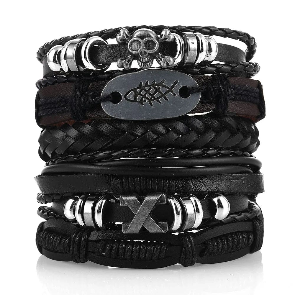 Set of Viking Style Fashion Bracelets for Men - Woven Skull Hand Jewelry - Adjustable Leather Wristband Collection