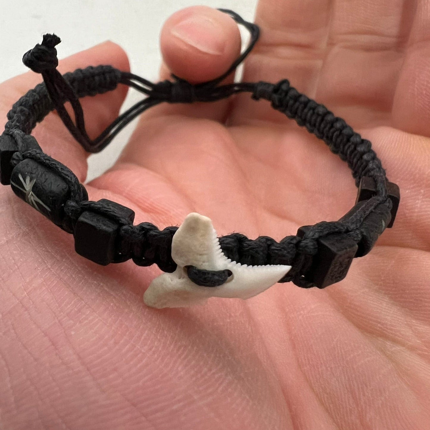 Shark Tooth Black Cotton Bracelet Wristband Bangle Mens Womens Ladies Jewellery