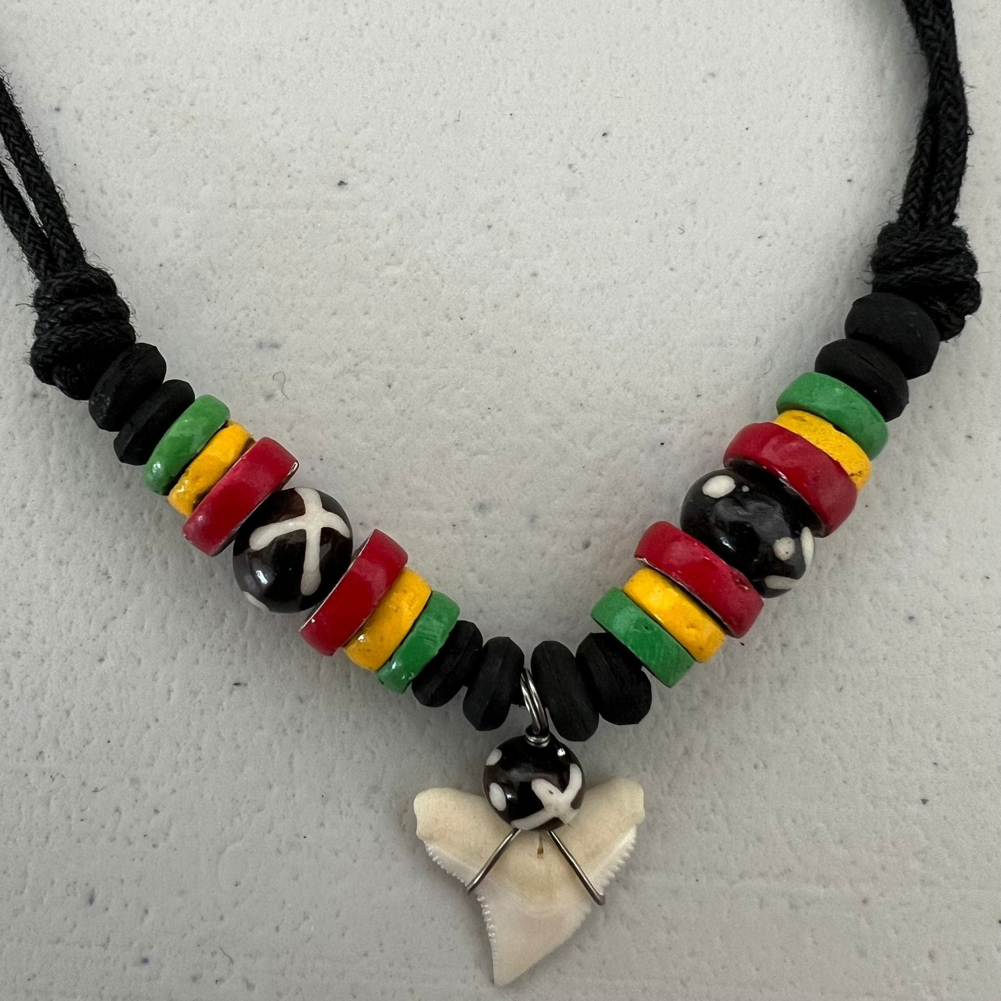 Shark Tooth Necklace Pendant Black Cord Chain Wood Beads Mens Womens Jewellery