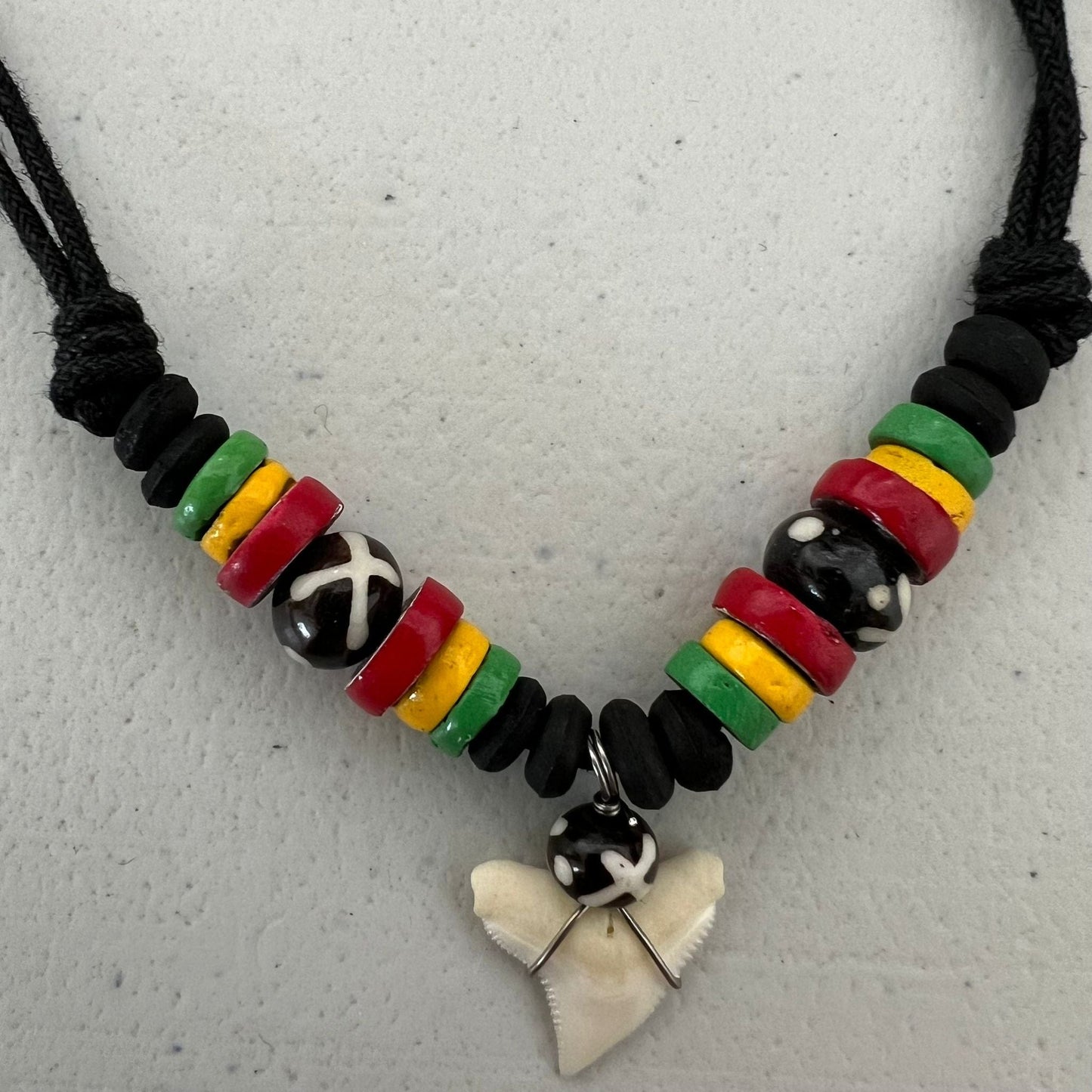 Shark Tooth Necklace Pendant Black Cord Chain Wood Beads Mens Womens Jewellery