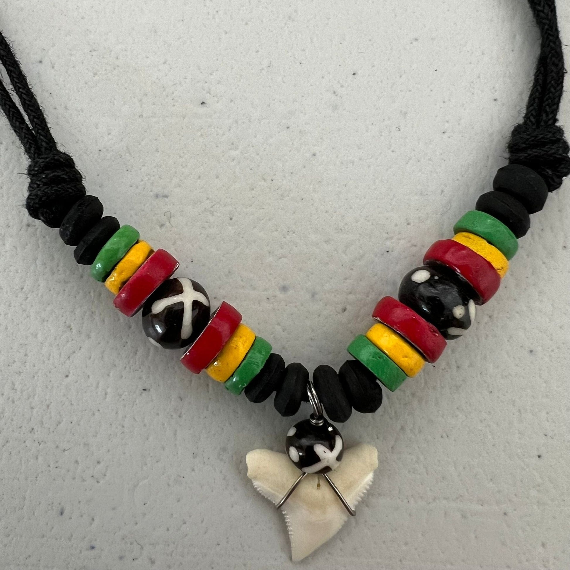 Shark Tooth Necklace Pendant Black Cord Chain Wood Beads Mens Womens Jewellery