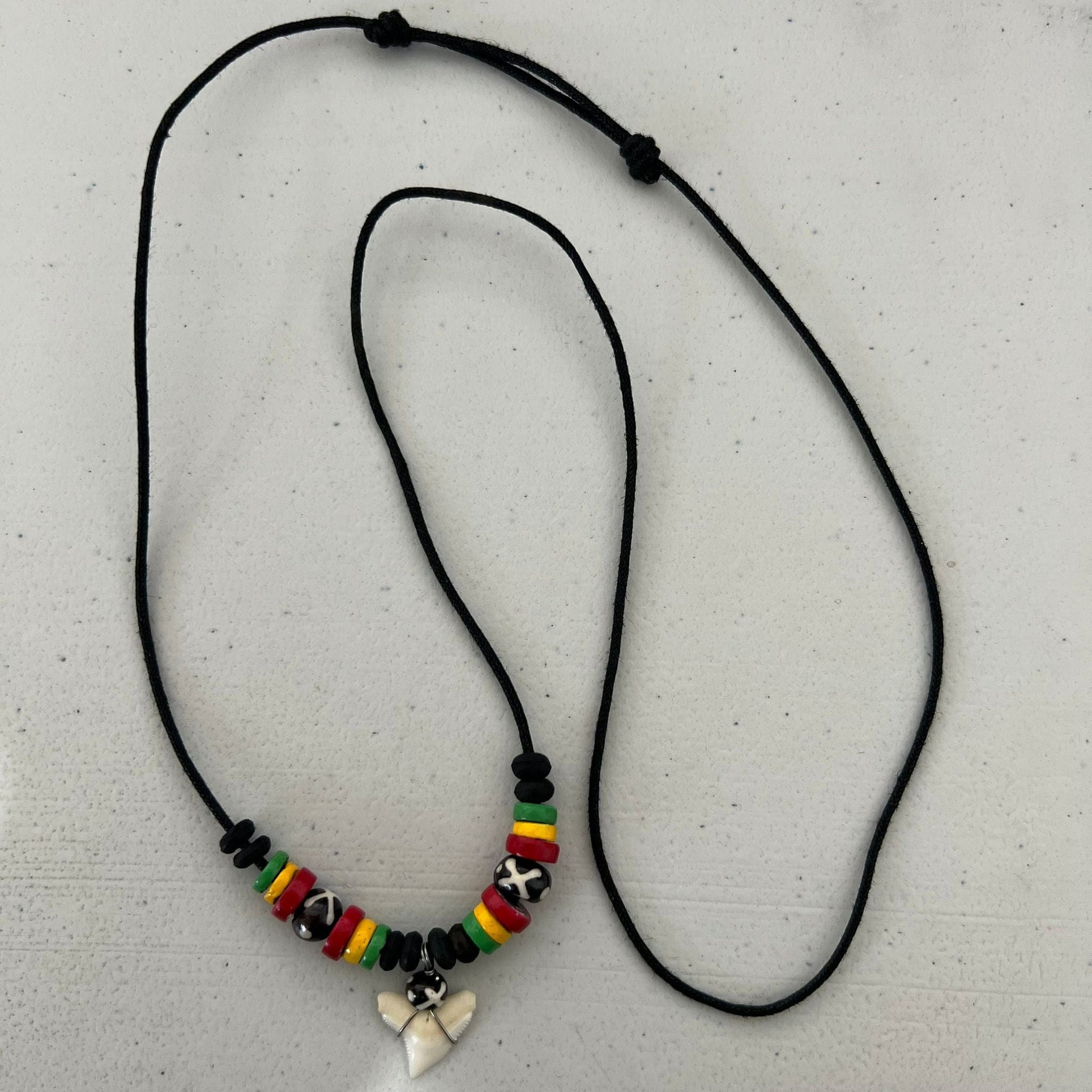 Shark Tooth Necklace Pendant Black Cord Chain Wood Beads Mens Womens Jewellery