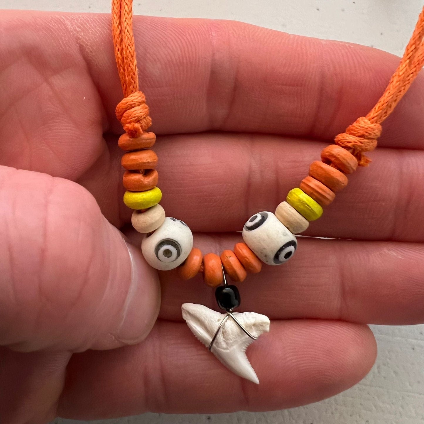 Shark Tooth Pendant Necklace Orange Cord Bead Chain Yellow Wood Bead Mens Womens