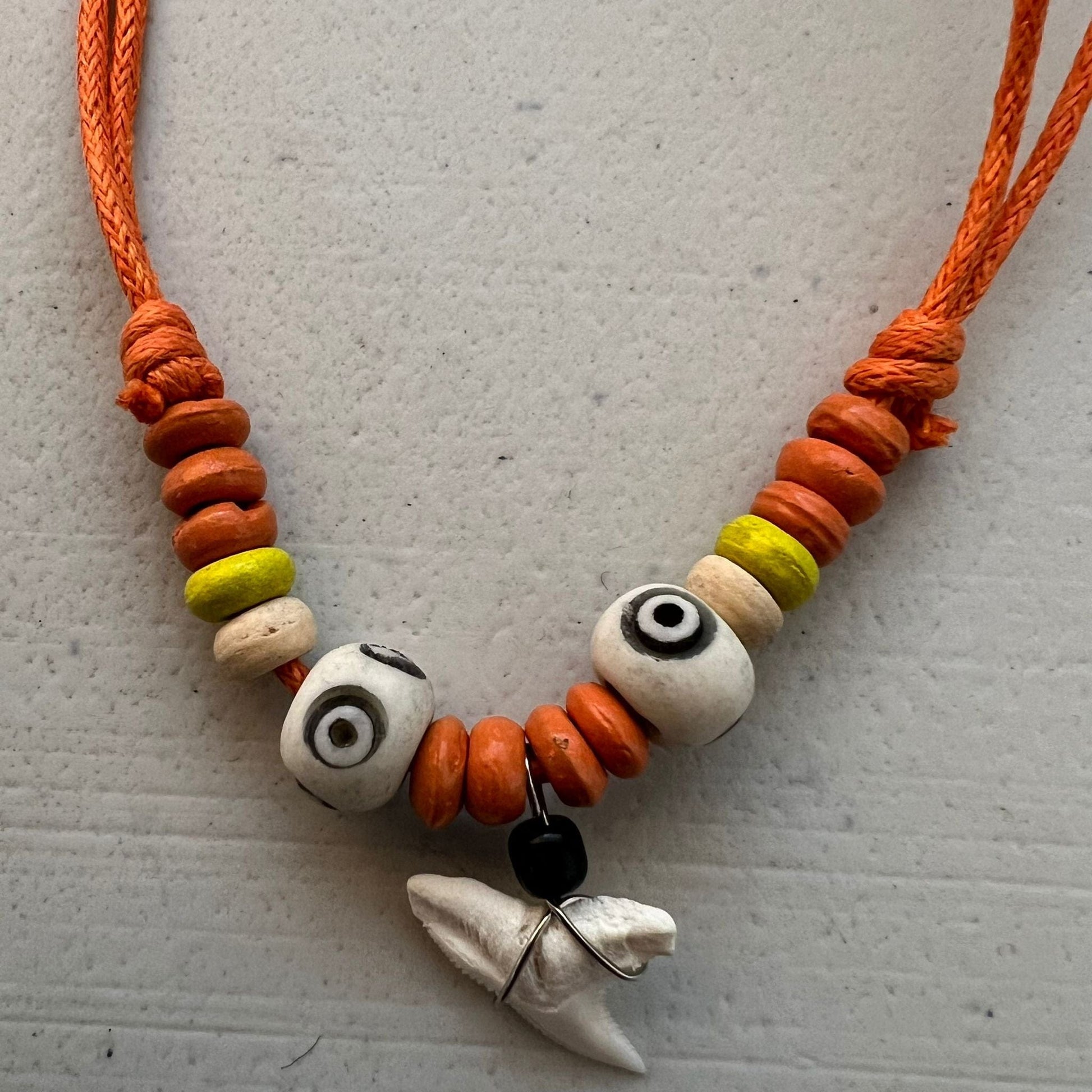 Shark Tooth Pendant Necklace Orange Cord Bead Chain Yellow Wood Bead Mens Womens