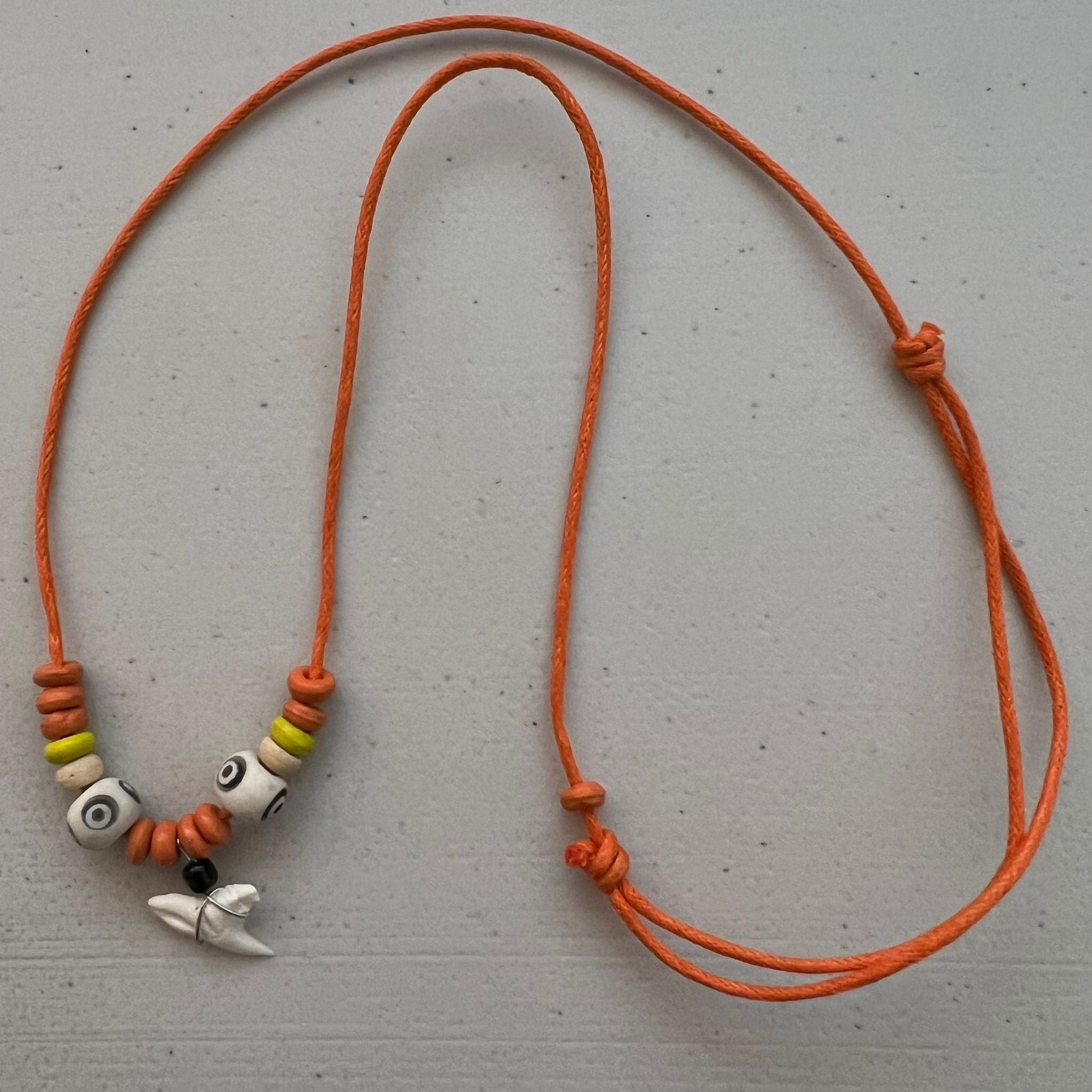 Shark Tooth Pendant Necklace Orange Cord Bead Chain Yellow Wood Bead Mens Womens