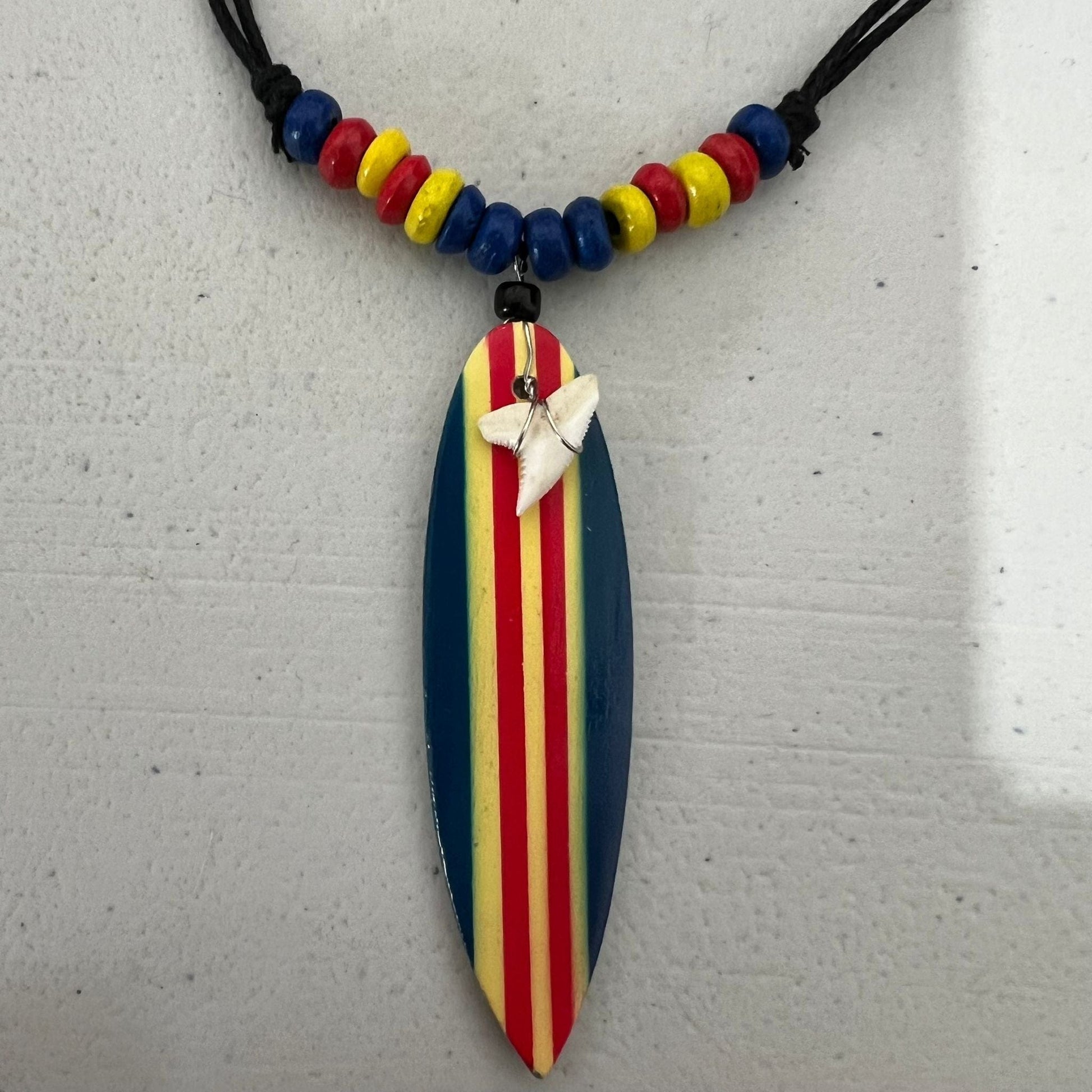 Shark Tooth Surfboard Pendant Necklace Blue Red Yellow Wood Beads Black Cord Chain Surfer Jewellery