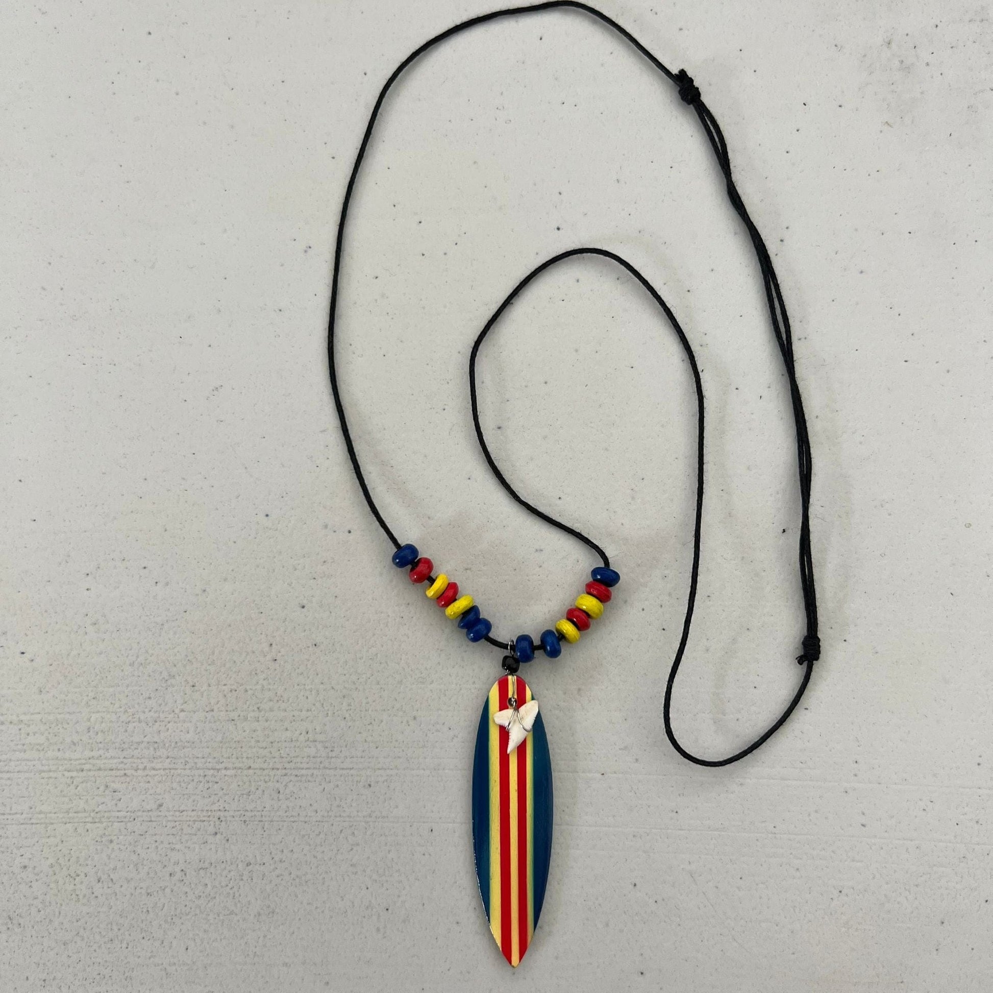 Shark Tooth Surfboard Pendant Necklace Blue Red Yellow Wood Beads Black Cord Chain Surfer Jewellery