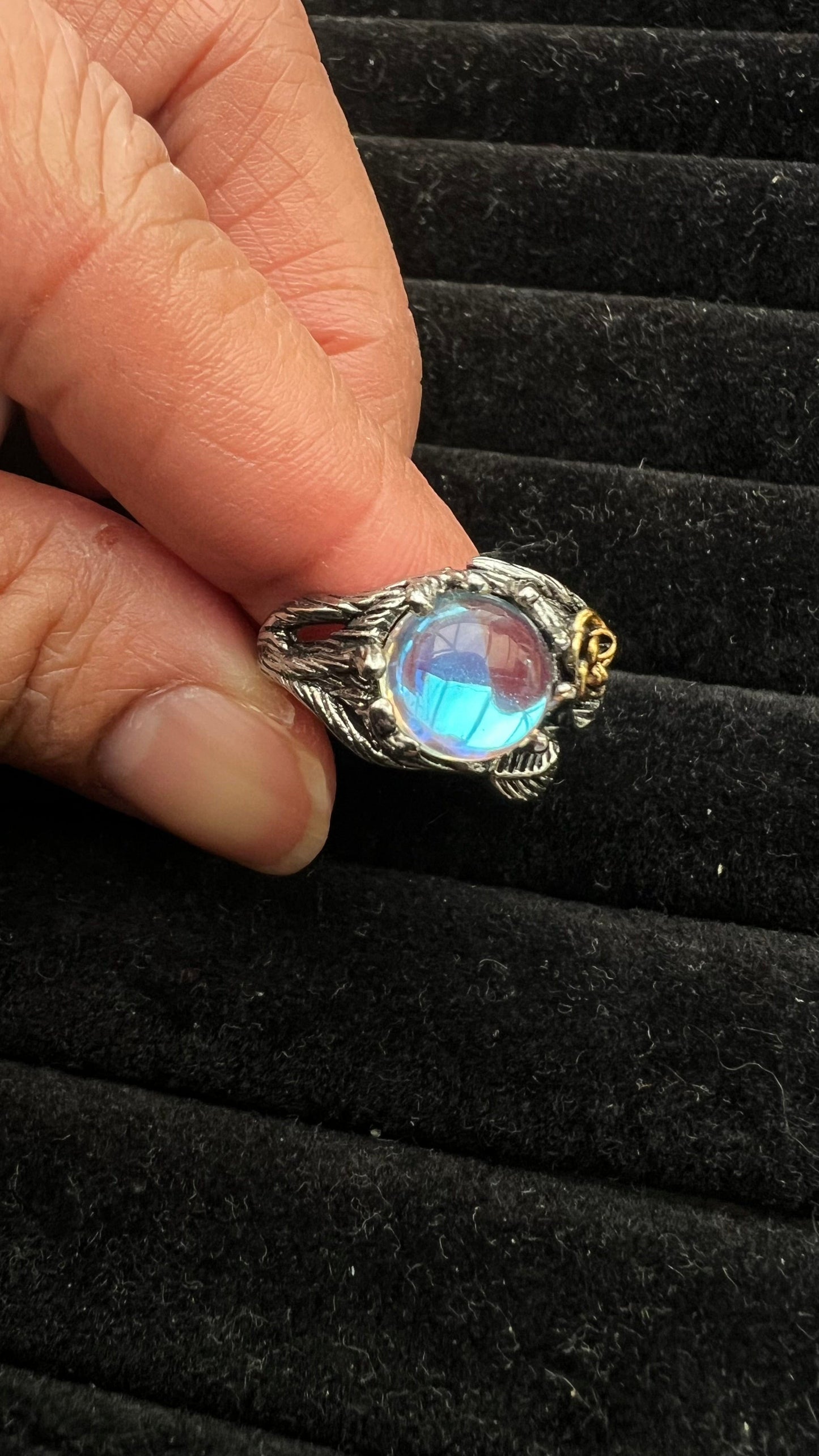 Silver plated Rose Moostone Opal Ring punk Goth Ring Size 8