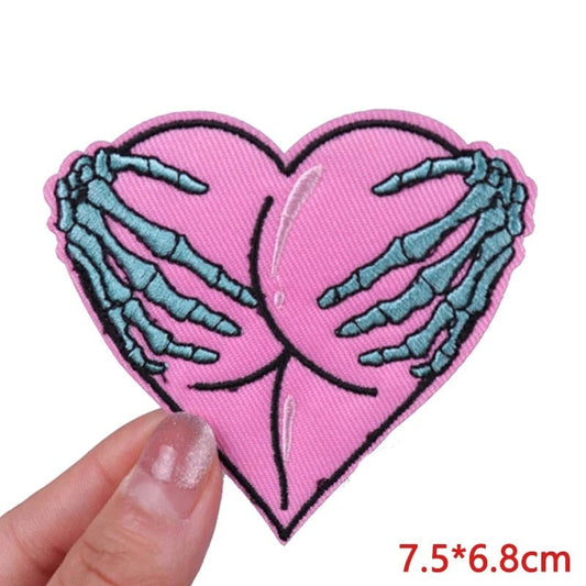 Skeleton Hands Pink Heart Bottom Patch Iron Sew On Shirt Decal Embroidered Badge