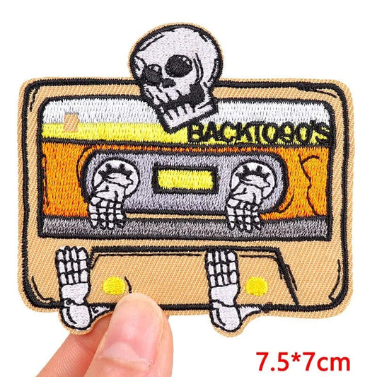 Skeleton Retro 80s Music Cassette Tape Patch Iron Sew On Cloth Embroidered Badge