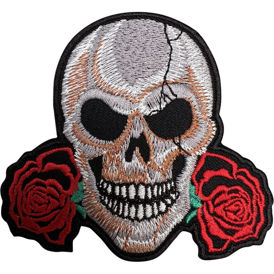 Skull Red Roses Flowers Embroidered Patch Iron Sew On Embroidery Badge Applique