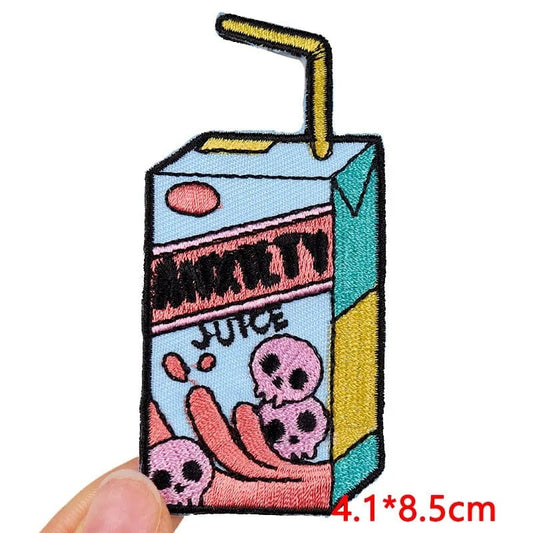 Skulls Juice Box Patch Iron Sew On Jean Jacket Bag Drink Decal Embroidered Badge