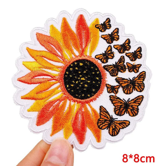 Sunflower Butterflies Patch Iron Sew On Shirt Jacket Bag Decal Embroidered Badge