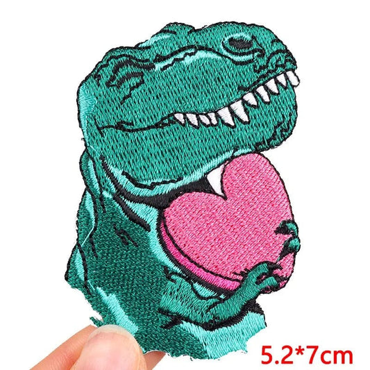 T Rex Dinosaur Love Heart Patch Embroidered Badge Iron Sew On Clothes Bag Crafts