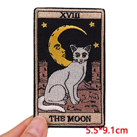 The Moon Tarot Card Ironable Patch Space Stars Cat Sew Iron On Embroidered Badge