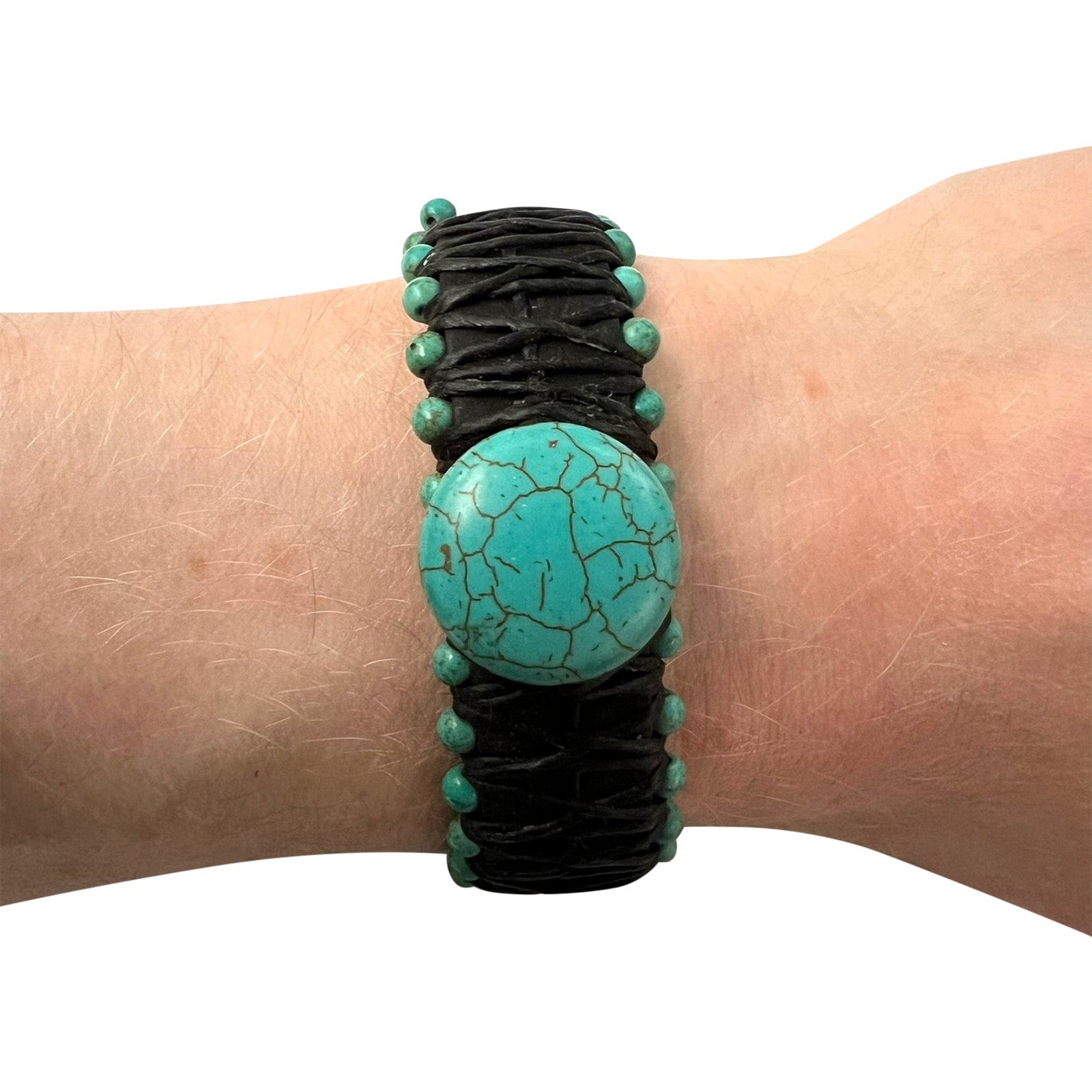 Turquoise Beads Black Leather Bangle Bracelet Wristband Mens Womens Jewellery